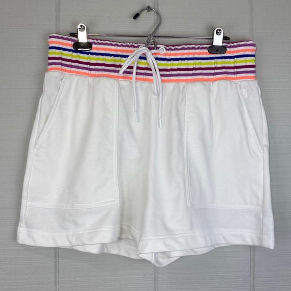 Lou & Grey White Sweat Shorts Colorful Stripped Waistband Drawstring Pockets L - Picture 1 of 5